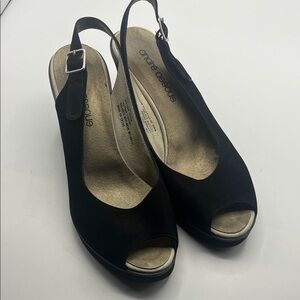 Andre Assous Black Suede Peep-Toe Slingback Wedges
